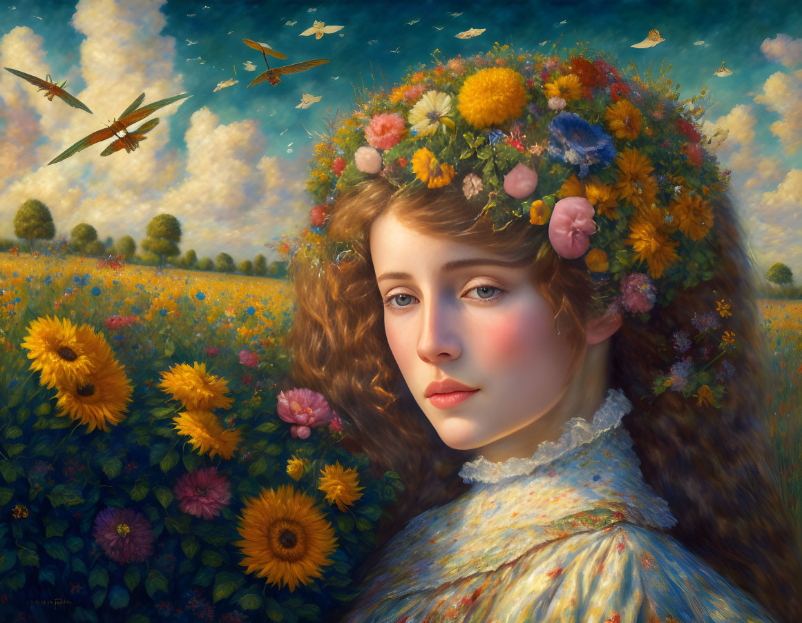 Young woman with floral wreath in sunlit wildflower field.