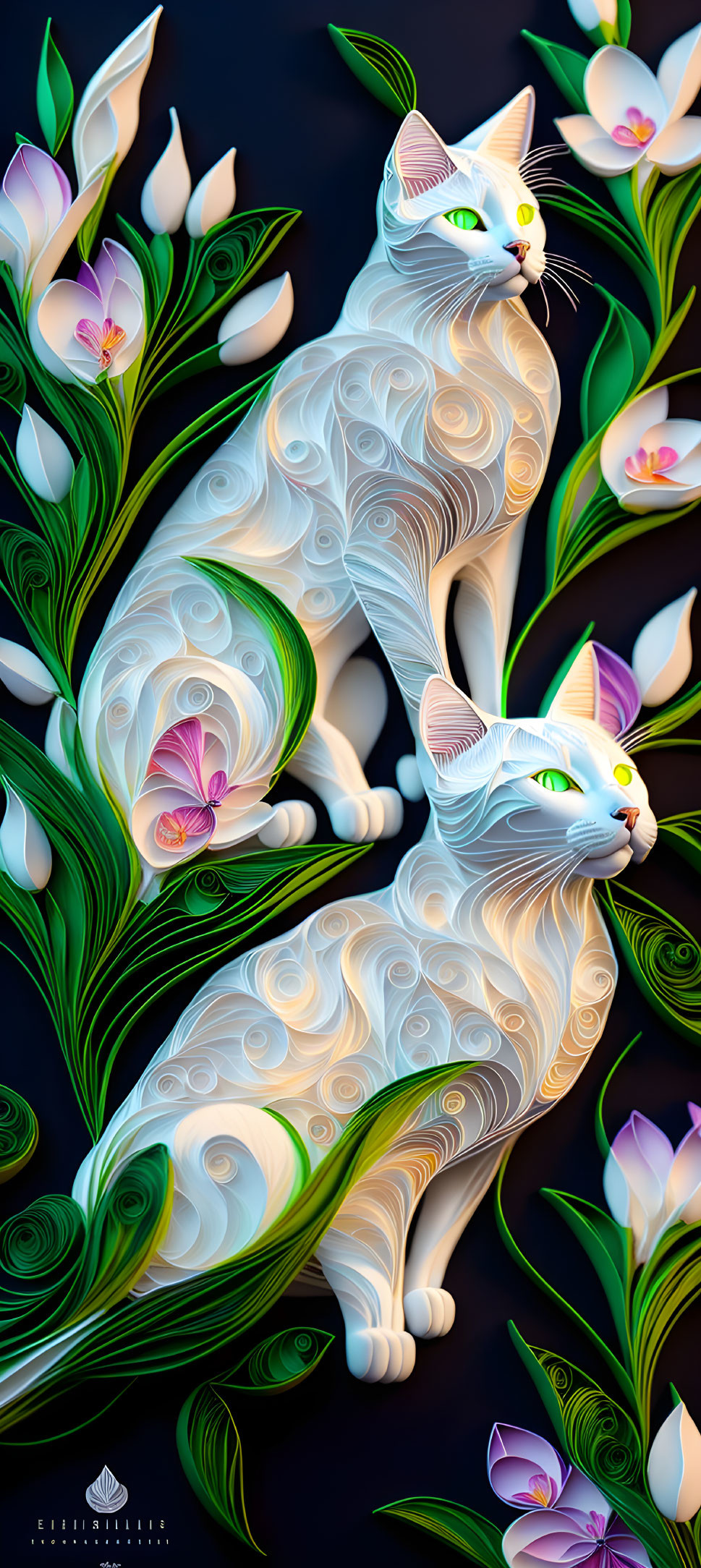 Stylized white cats with swirling patterns and green eyes among pink orchids