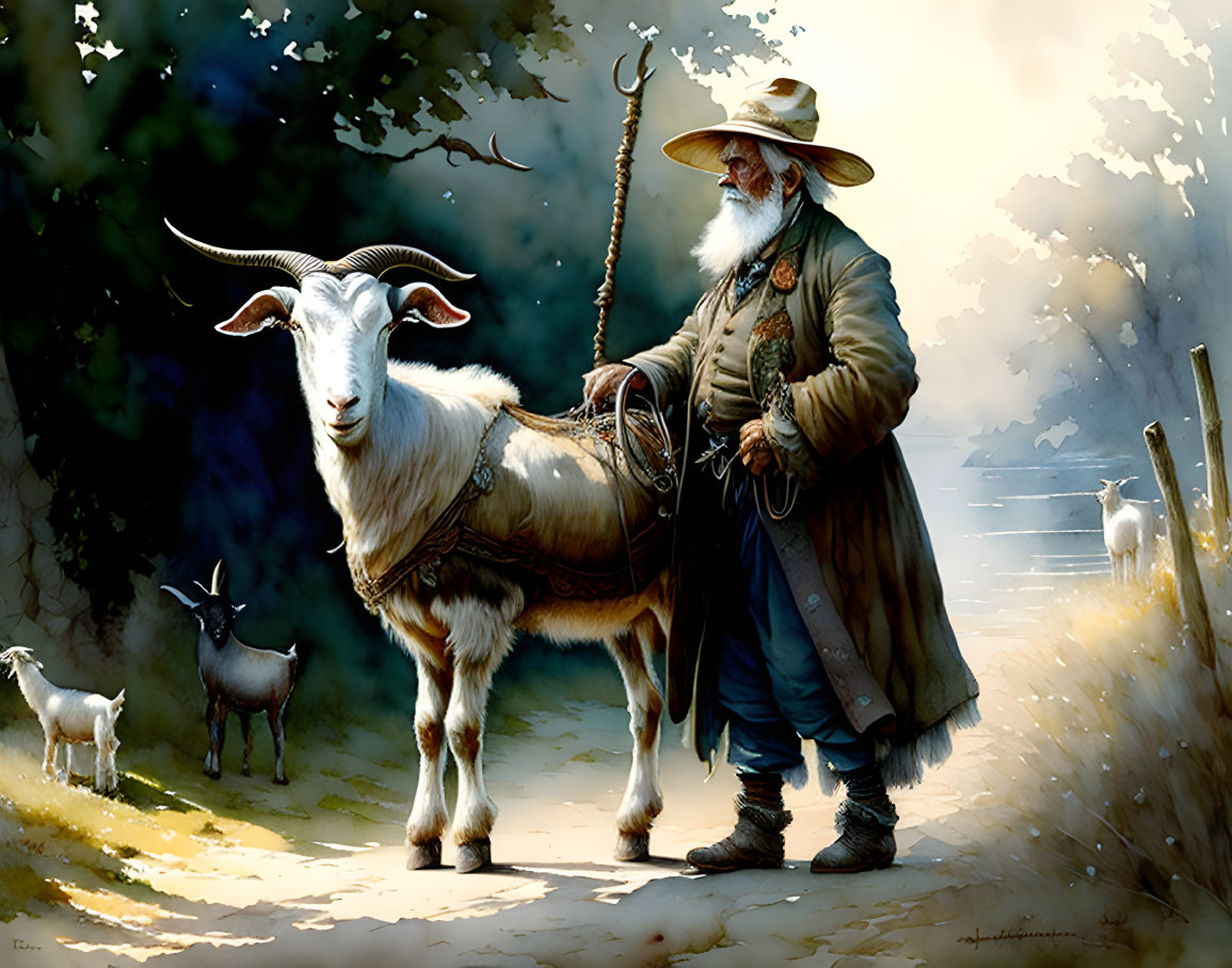 Elderly shepherd with staff and goats in pastoral setting