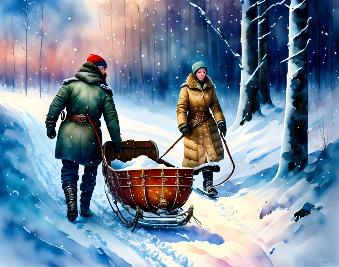 Two individuals walking in snow-covered forest with sled, snow falling.