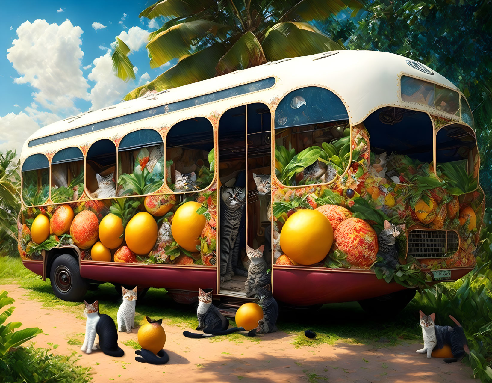 Vintage bus with fruits and cats in tropical setting