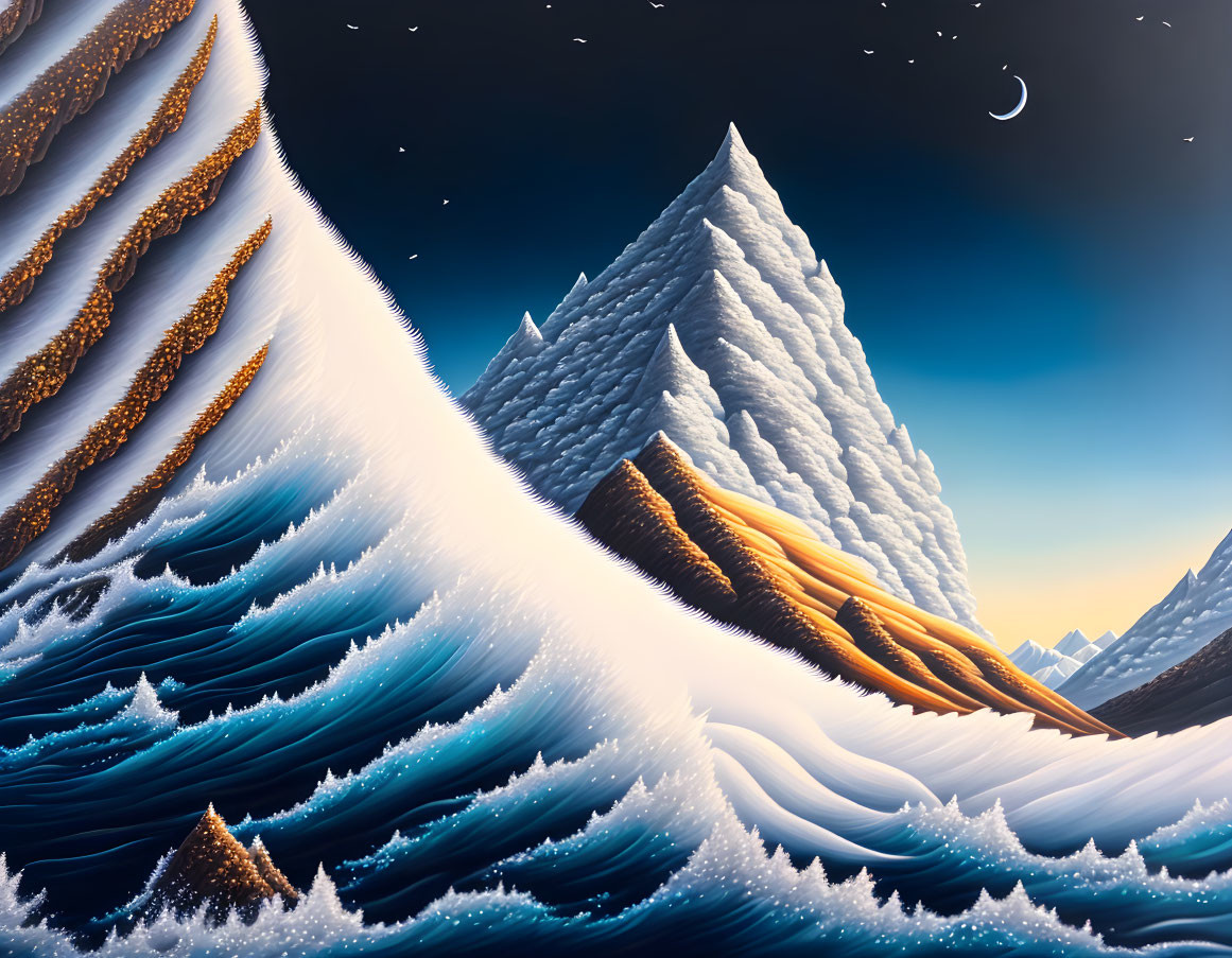 Surreal landscape with wavelike mountains and crescent moon