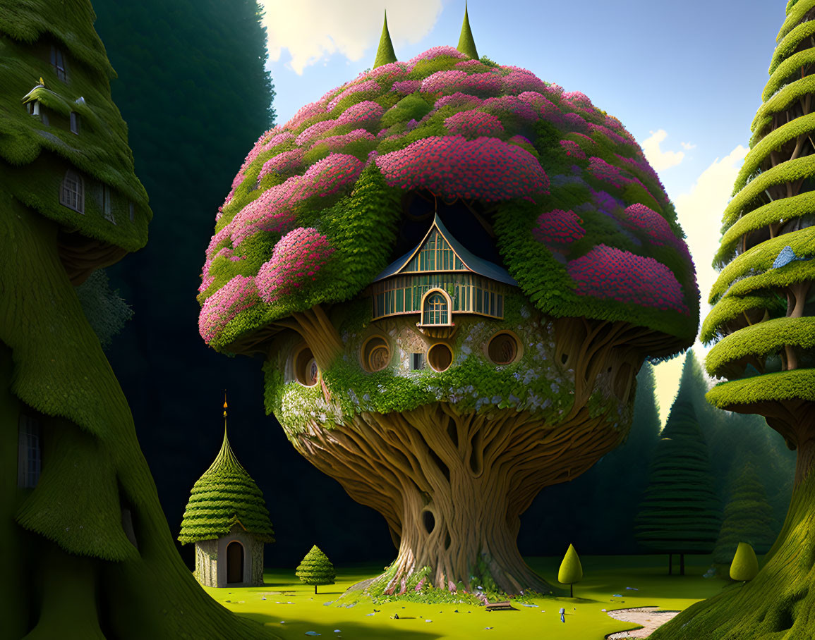 Whimsical house in giant tree with flower roof in fairy-tale landscape