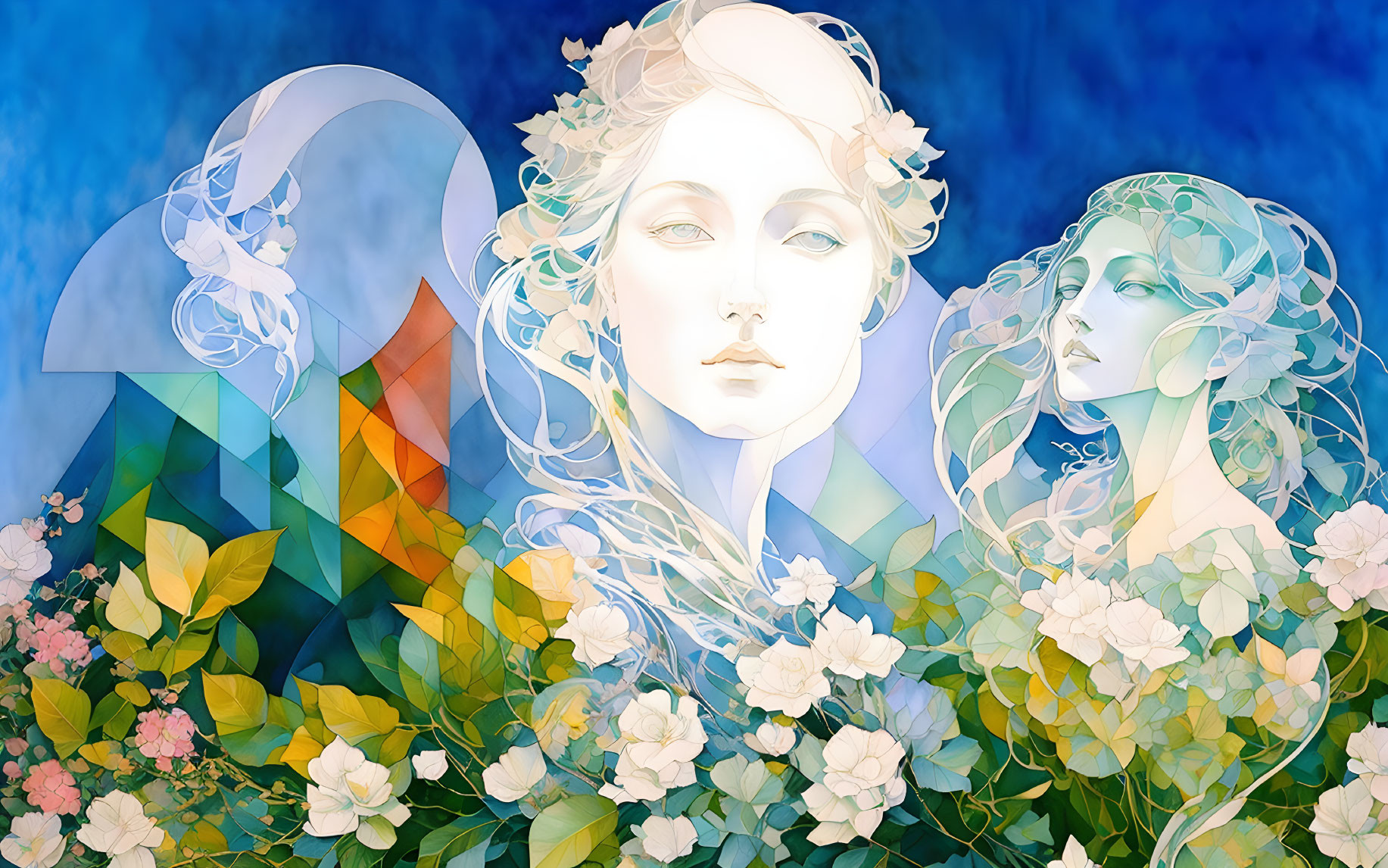 Stylized female figures in colorful floral scene on blue backdrop