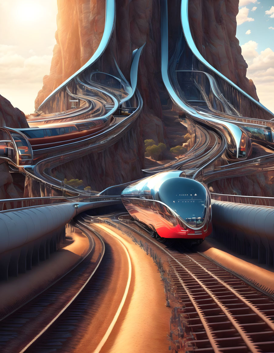 Futuristic trains on elevated tracks in a canyon with dynamic lighting
