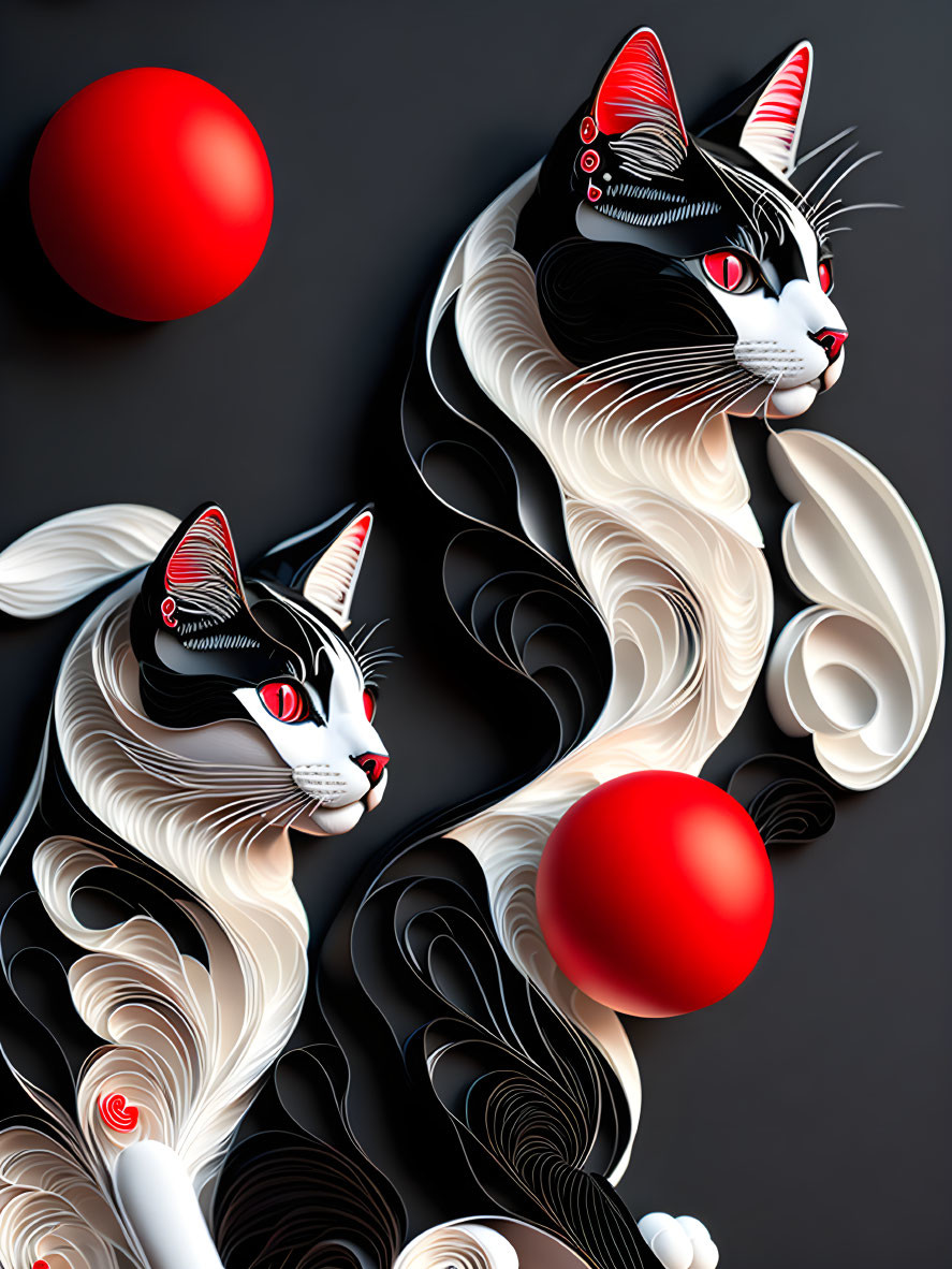 Stylized black and white cats with red swirl patterns and balls on dark backdrop