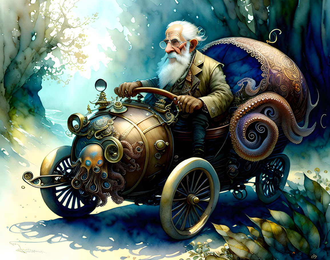 Elderly Man Pilots Octopus-Themed Submarine in Steampunk Underwater Scene