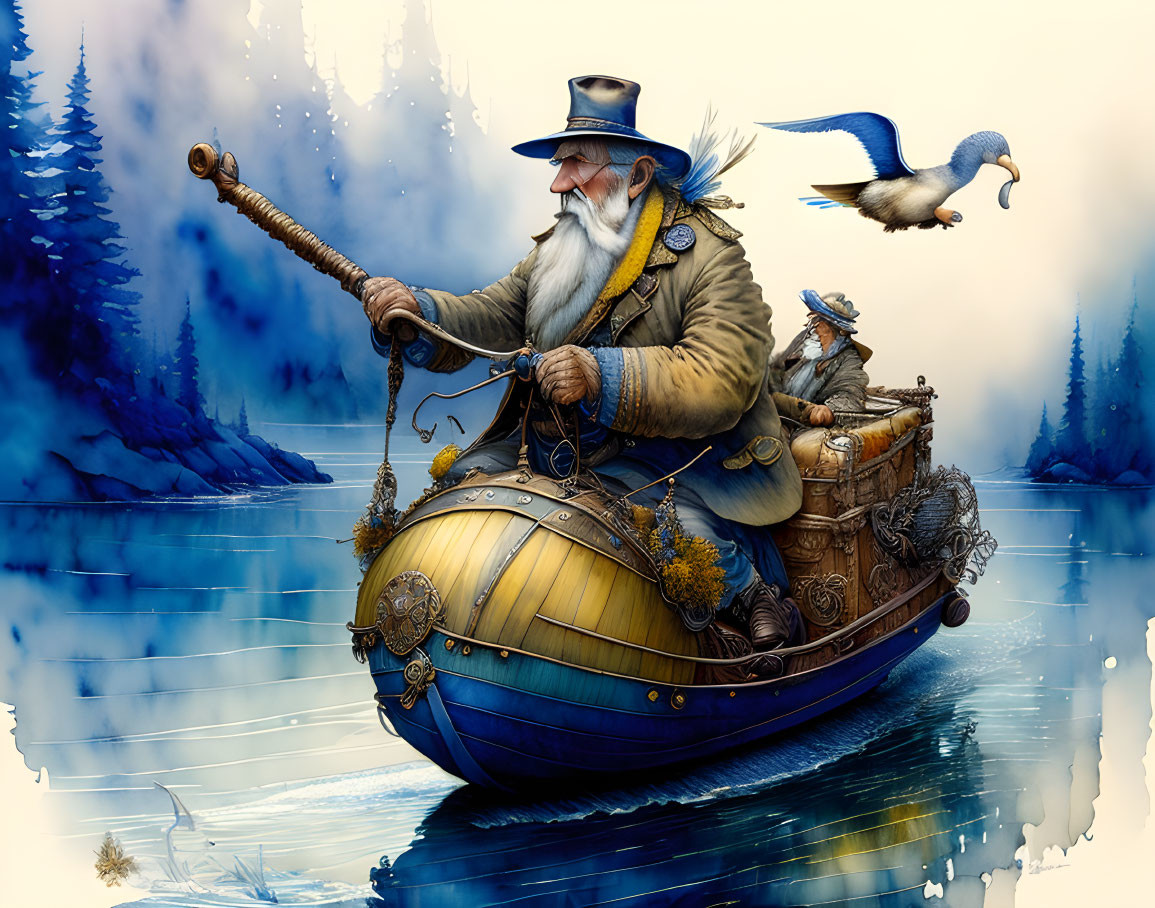 Elderly bearded sailor on fantasy boat with duck and companion in icy waters