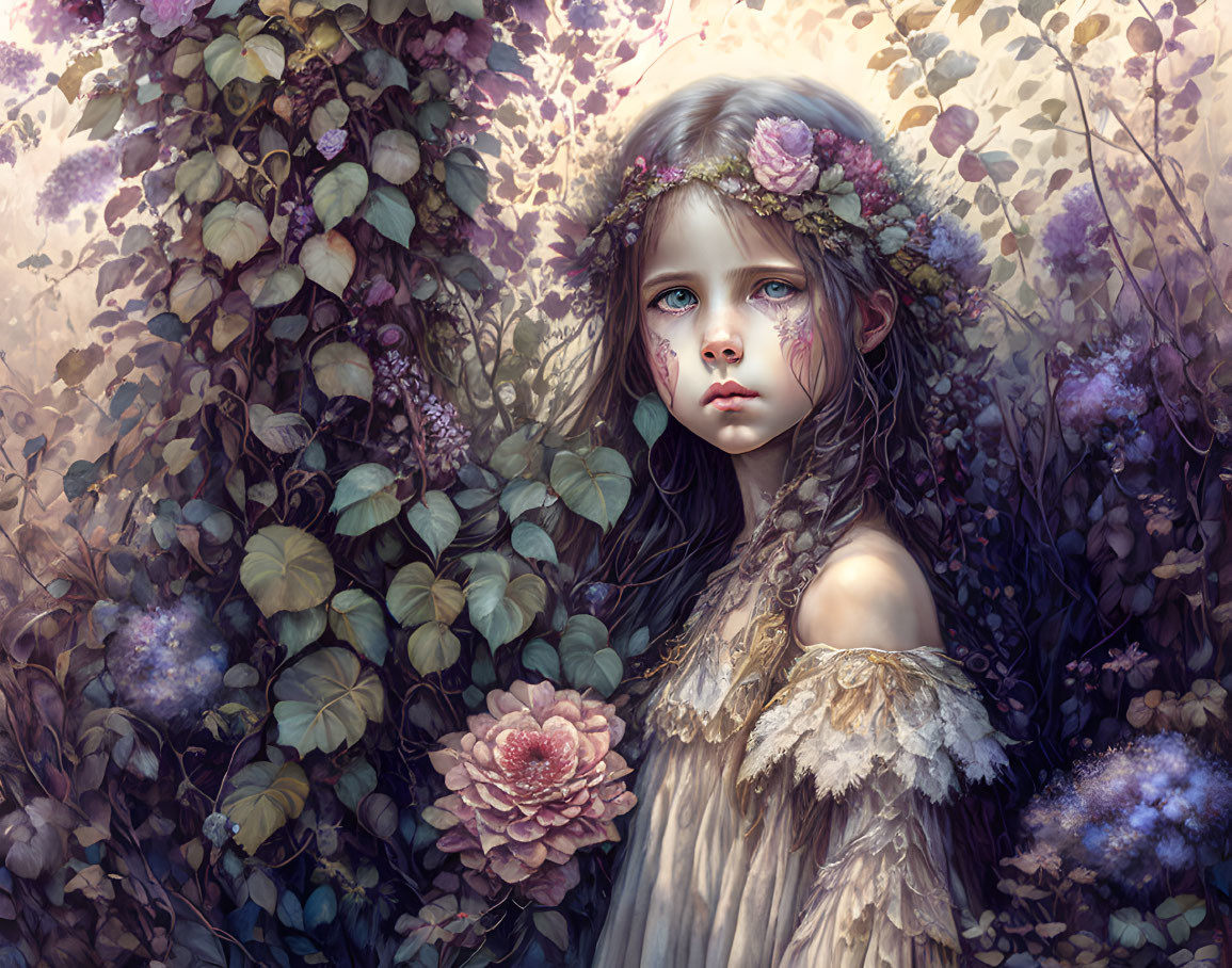 Young Girl in Floral Crown Surrounded by Nature-inspired Outfit and Lush Flowers