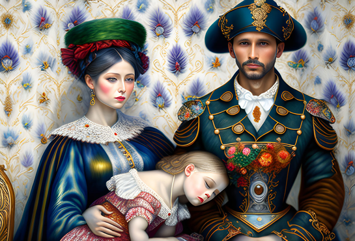 Historical attire man, woman, child digital illustration on patterned background