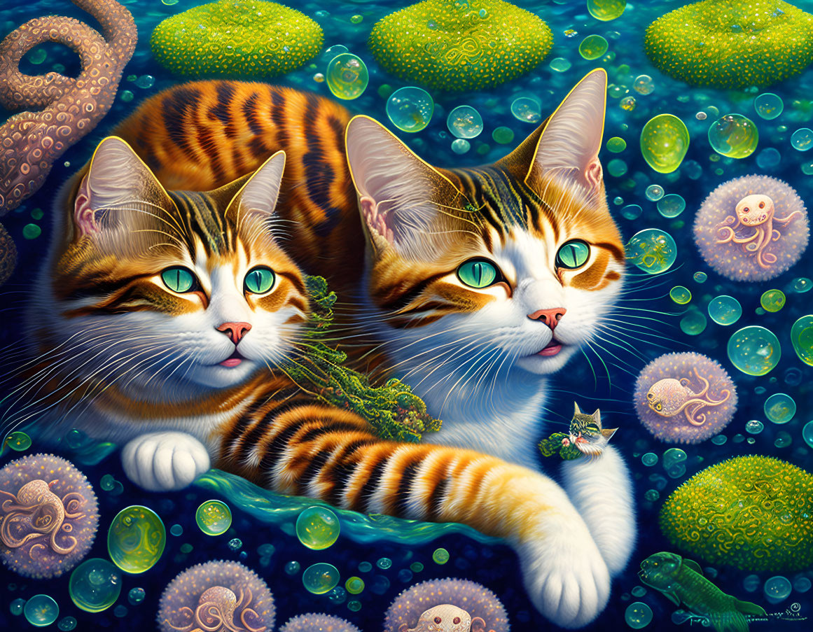 Vivid Orange Striped Cats with Green Eyes Underwater