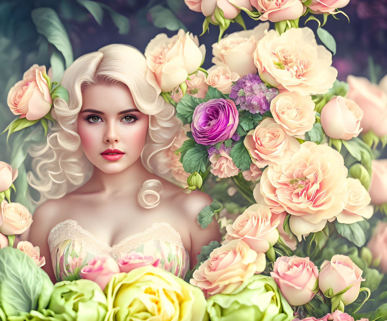 Blonde Woman with Red Lipstick Among Pastel Roses