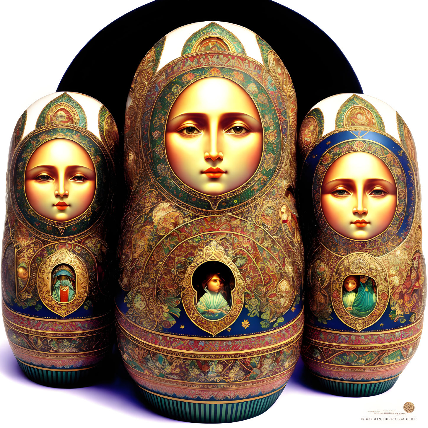 Detailed Ornate Nesting Dolls with Serene Female Faces on Black Background