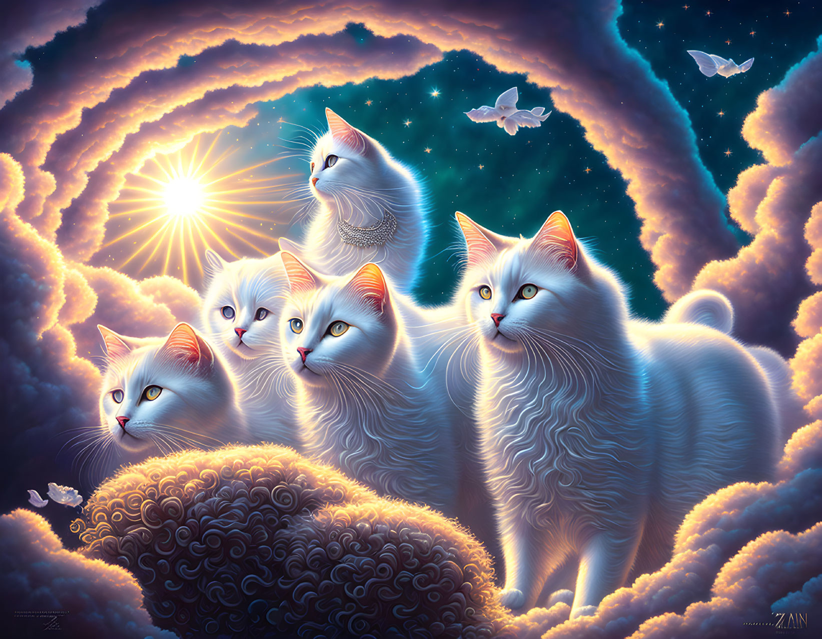 Ethereal white cats with blue eyes in celestial setting