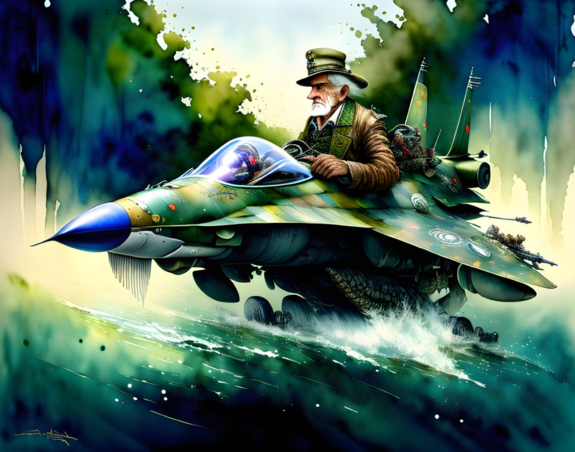 Elderly man in hat and coat rides armed fighter jet in colorful illustration