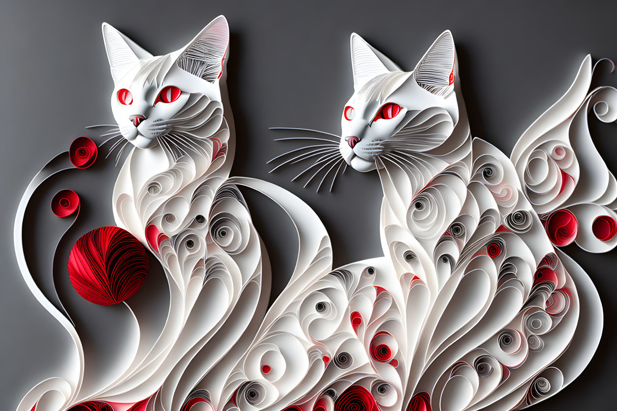 White Quilled Paper Cats with Red Eyes on Grey Background