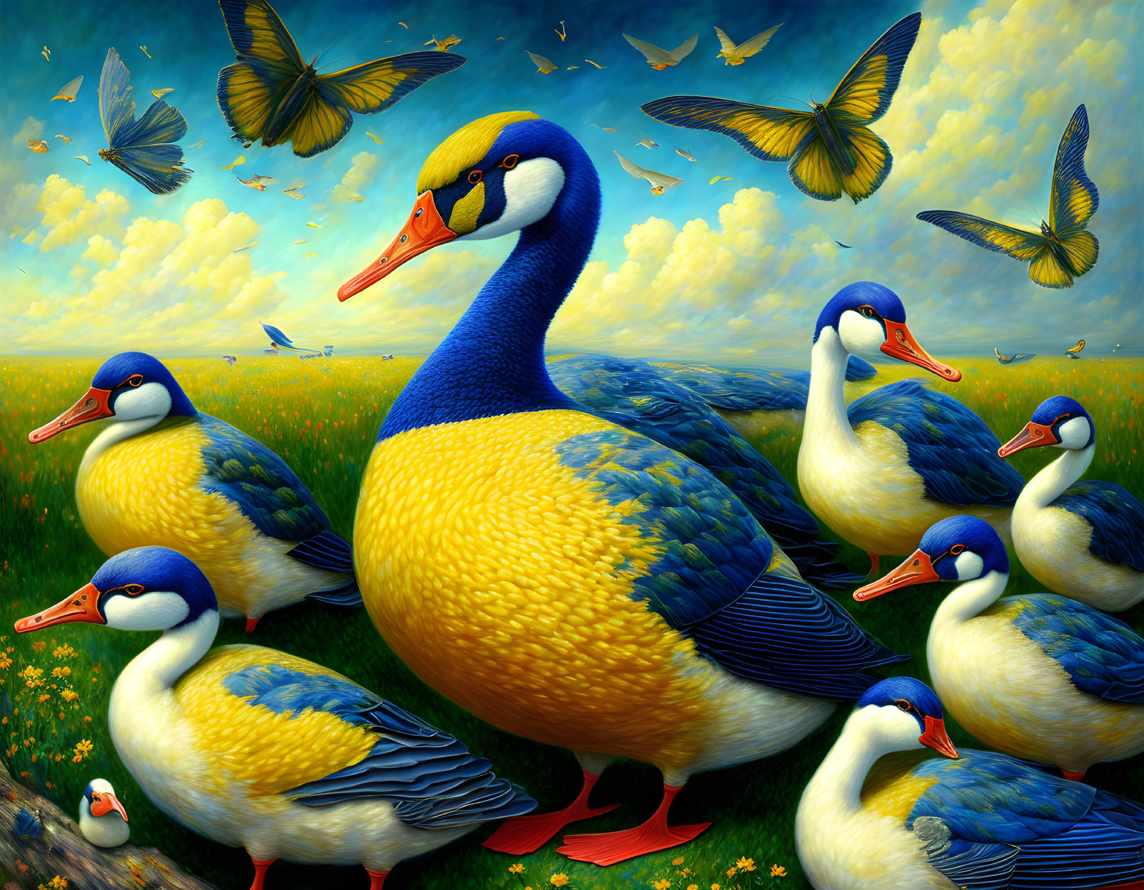 Colorful surreal artwork: oversized ducks and butterflies in grassy field