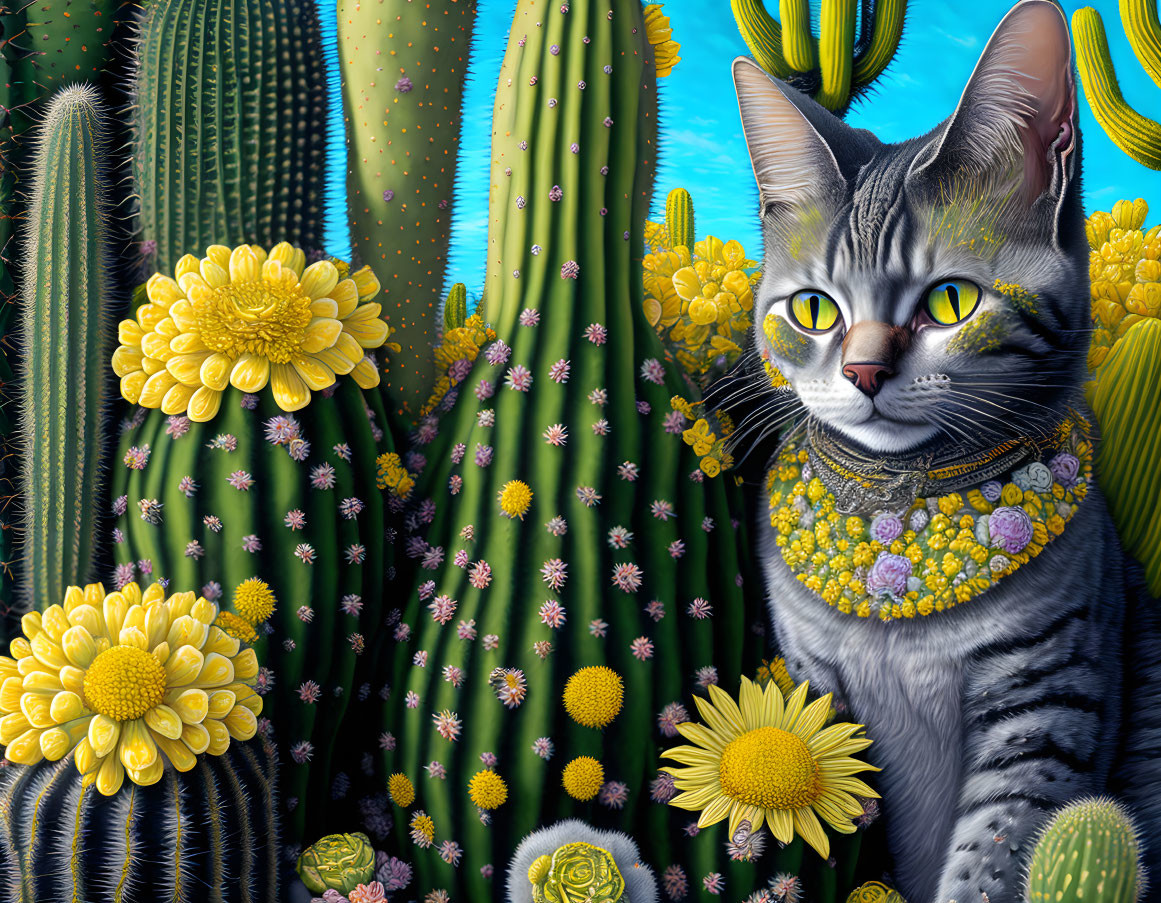 Gray tabby cat with floral necklace in vibrant desert landscape.