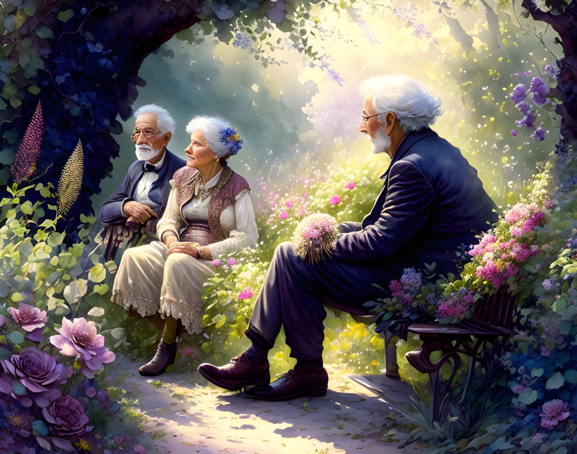 Elderly couple on stone bench amidst lush flowers and greenery