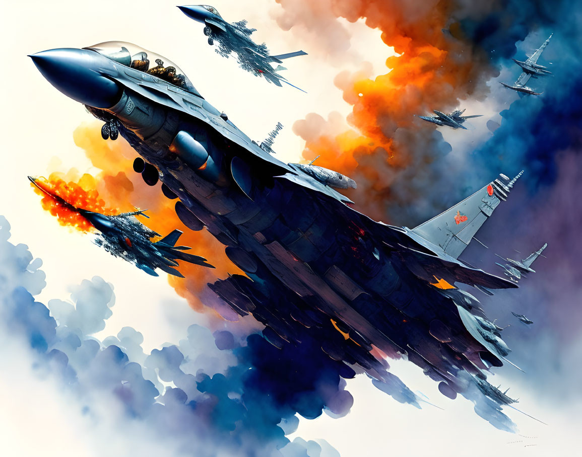 Intense aerial battle scene with fighter jets and explosions