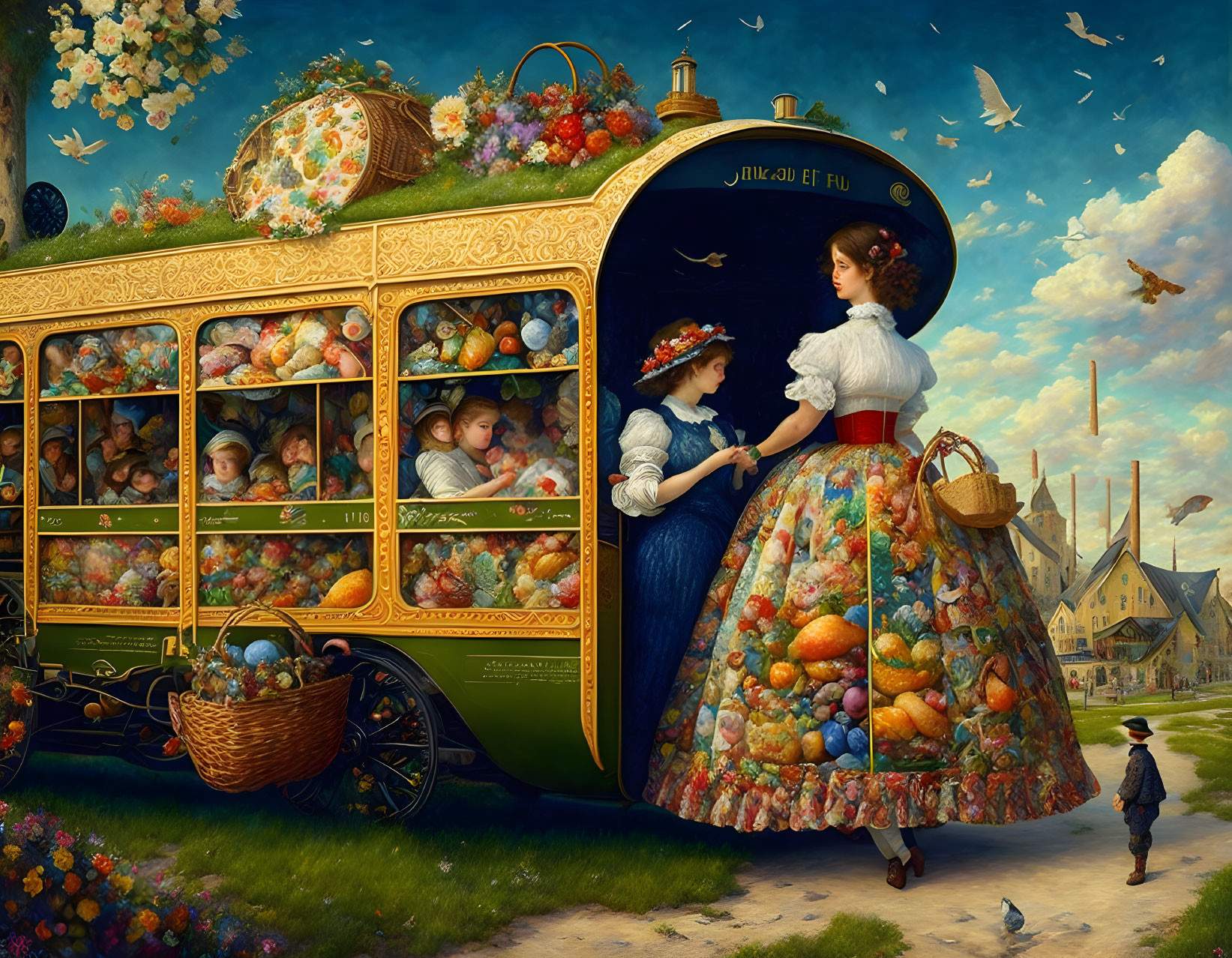 Vintage bus painting with fruits, flowers, women, child, and birds in serene landscape