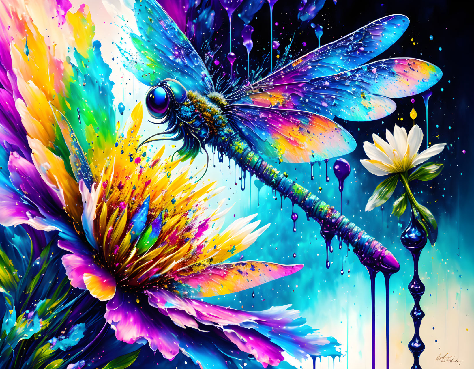 Colorful Dragonfly Artwork with Abstract Floral Background