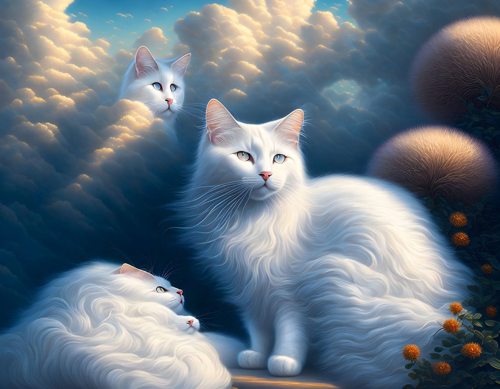 Three white cats with blue eyes in golden sky with treetops