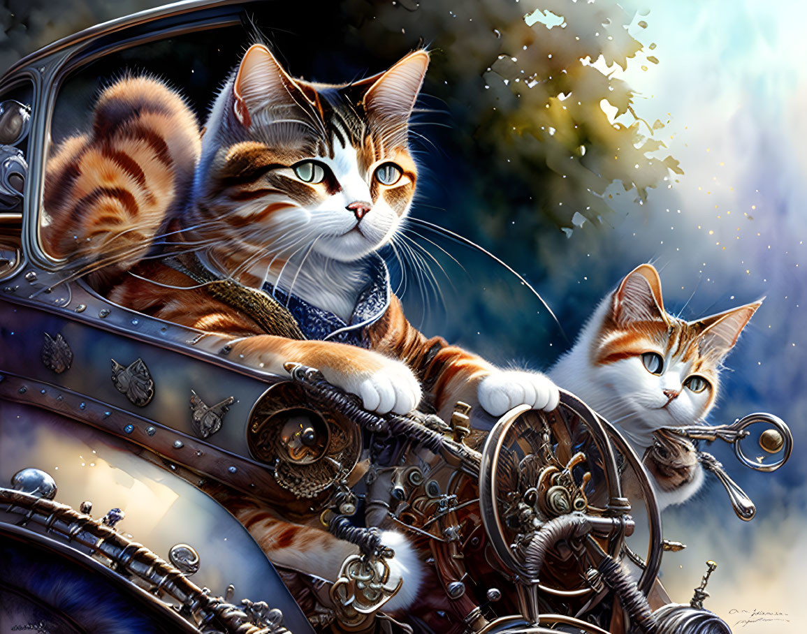 Two cats with striking blue eyes as pilots in a steampunk-style aircraft surrounded by intricate gears