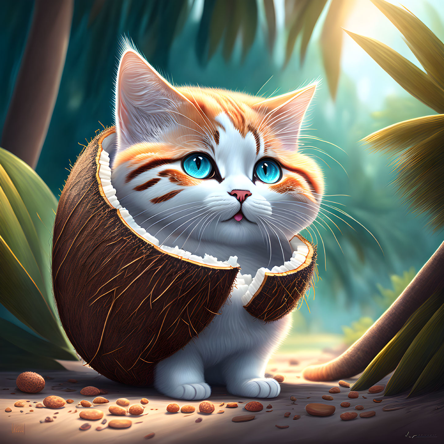 Illustrated cat with blue eyes in coconut shell amid tropical foliage