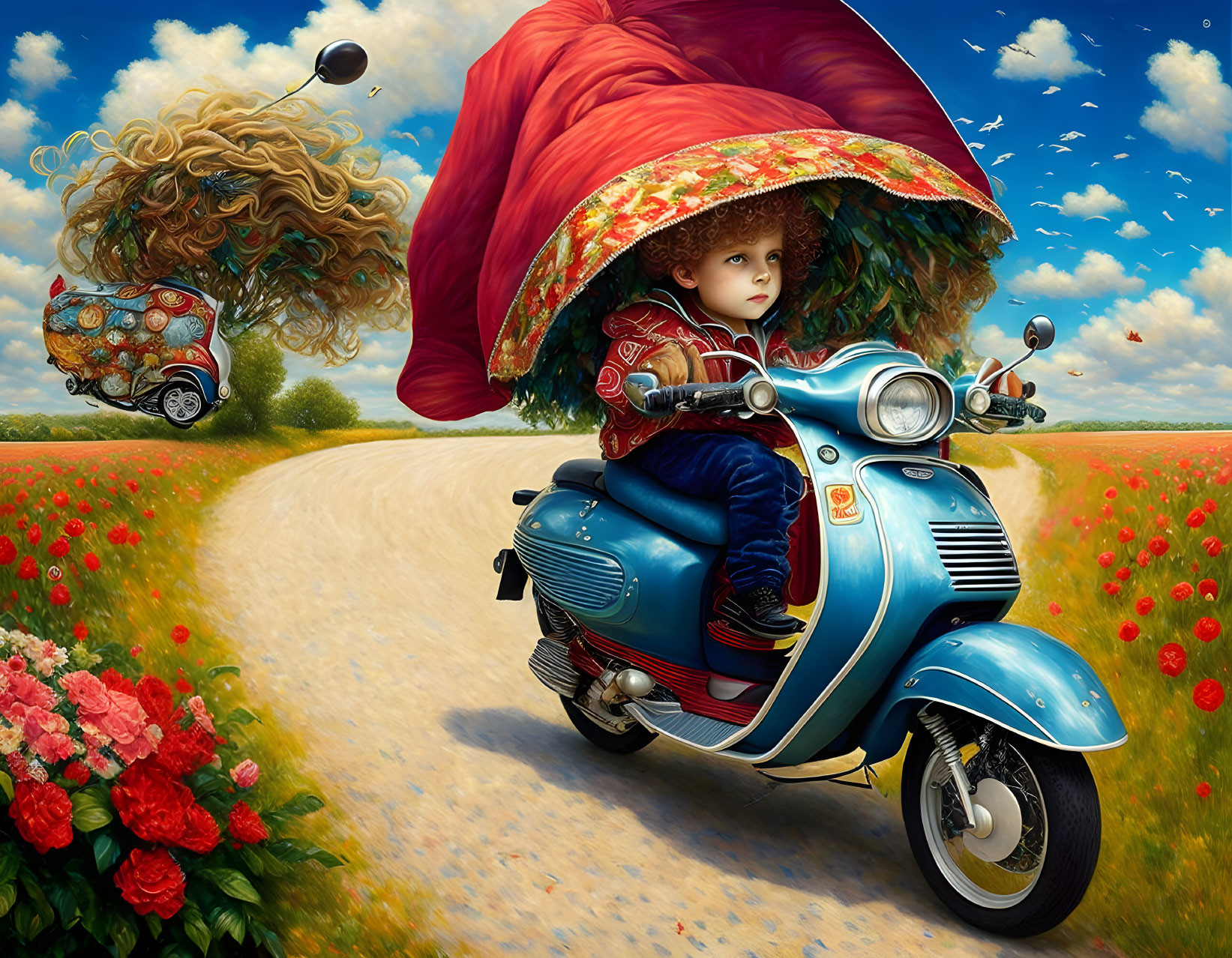 Child on Vintage Scooter in Poppy Field with Floating Car and Umbrella