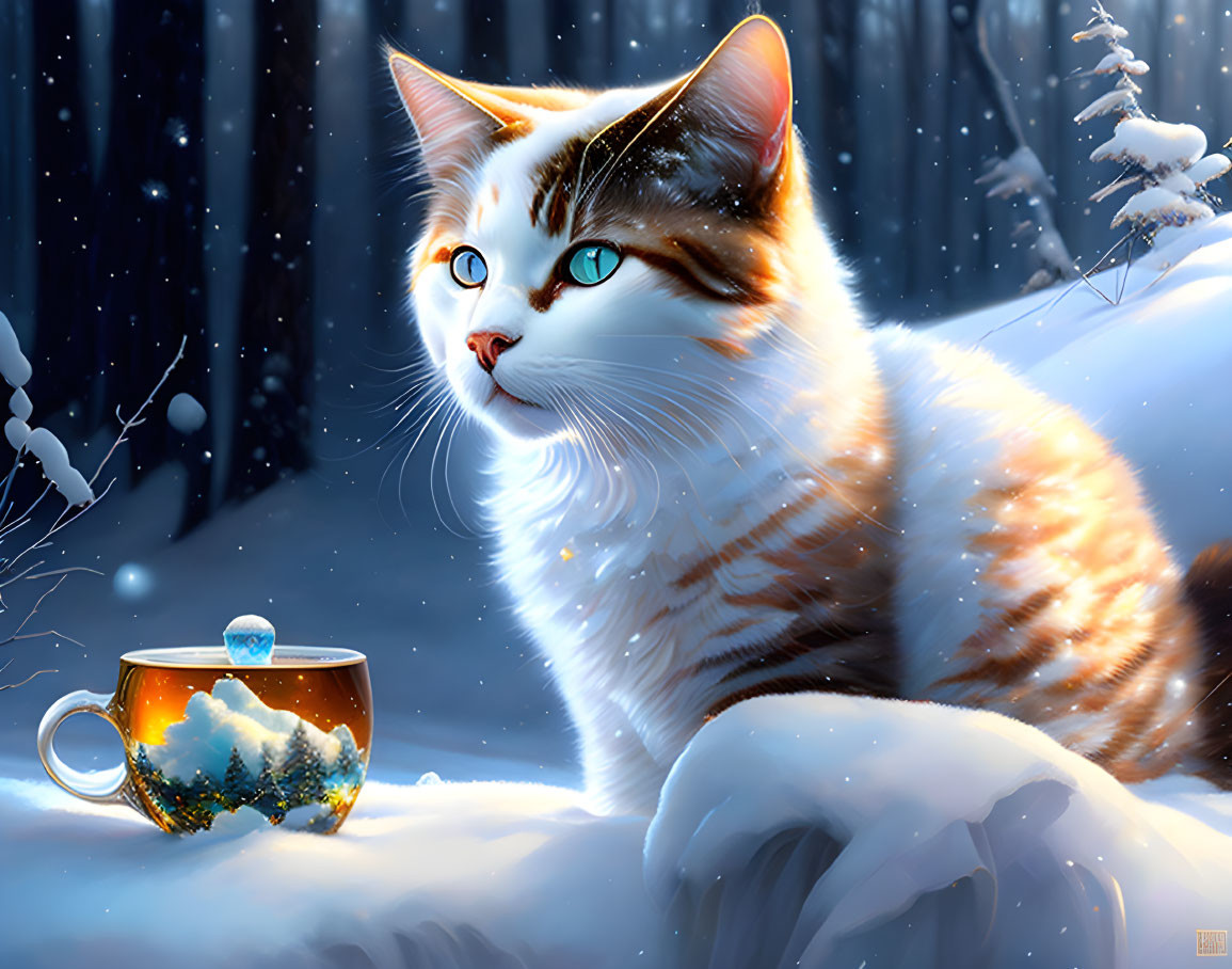 Orange and white cat with blue eyes beside a winter cup in snowy forest scene