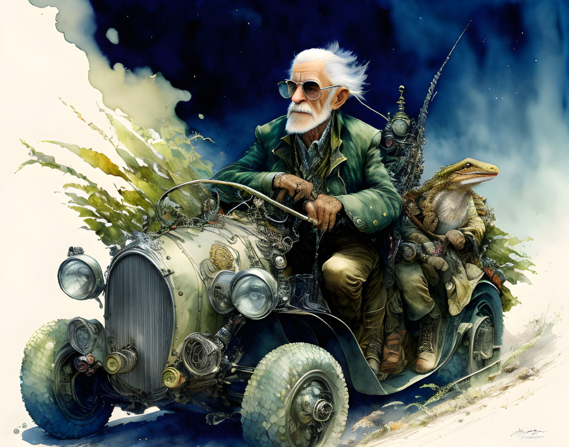 Elderly man in goggles drives plant-covered vehicle with large lizard