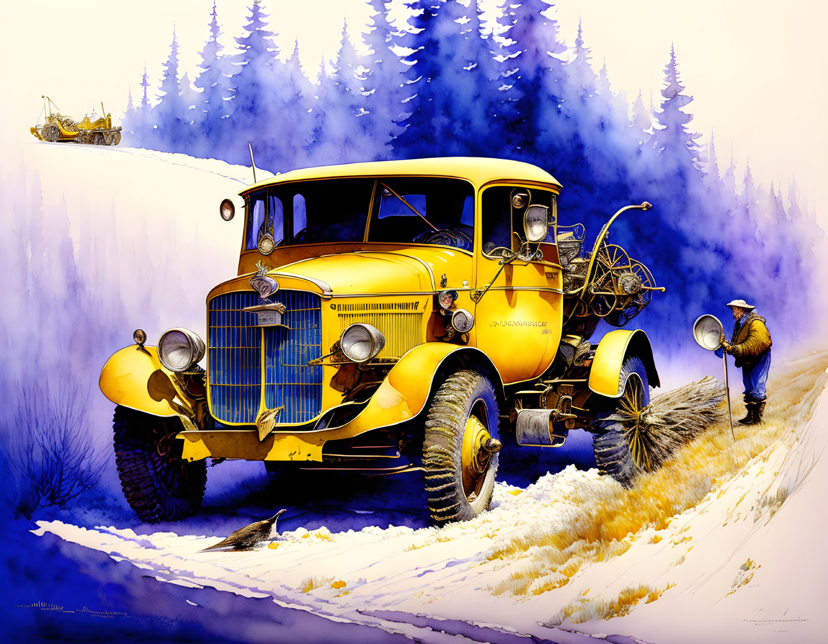 Yellow Vintage Logging Truck with Man in Snowy Forest