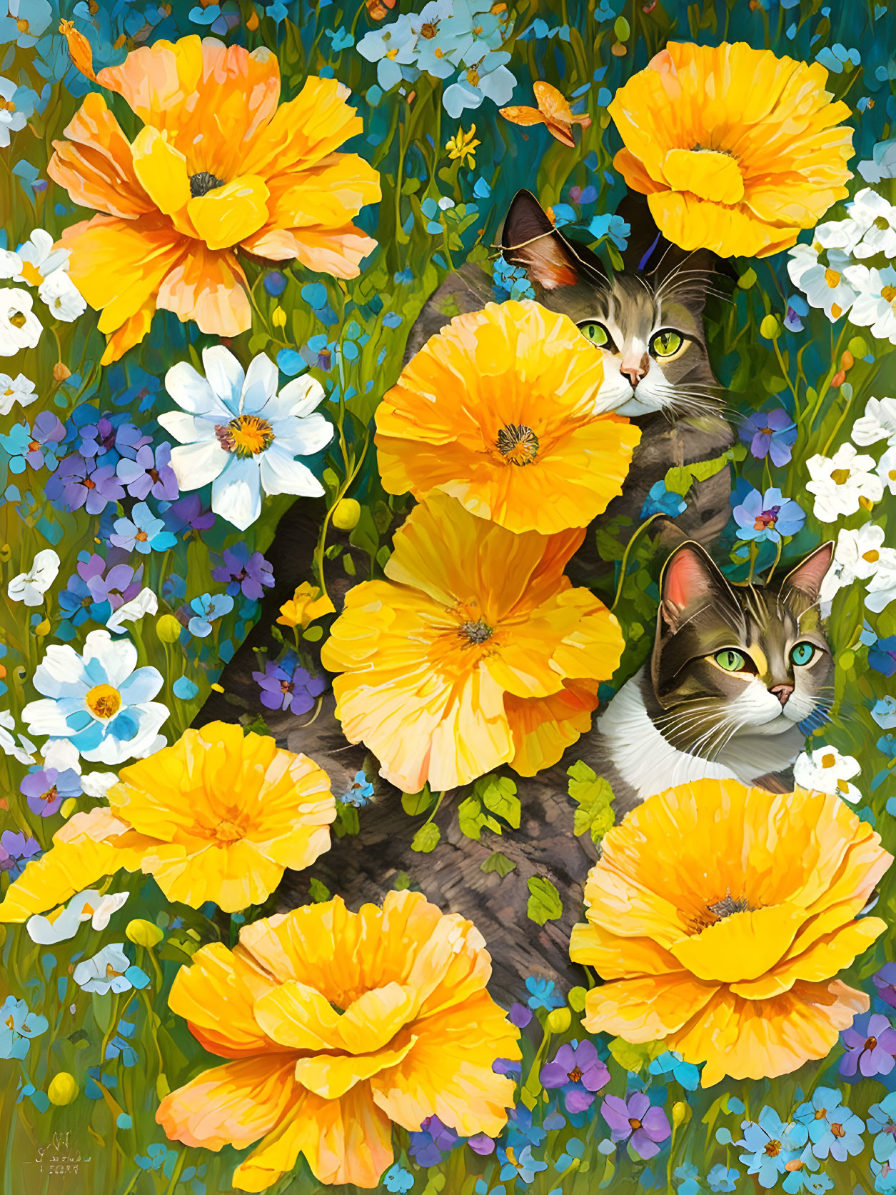 Two Camouflaged Cats Among Vibrant Flowers and Foliage