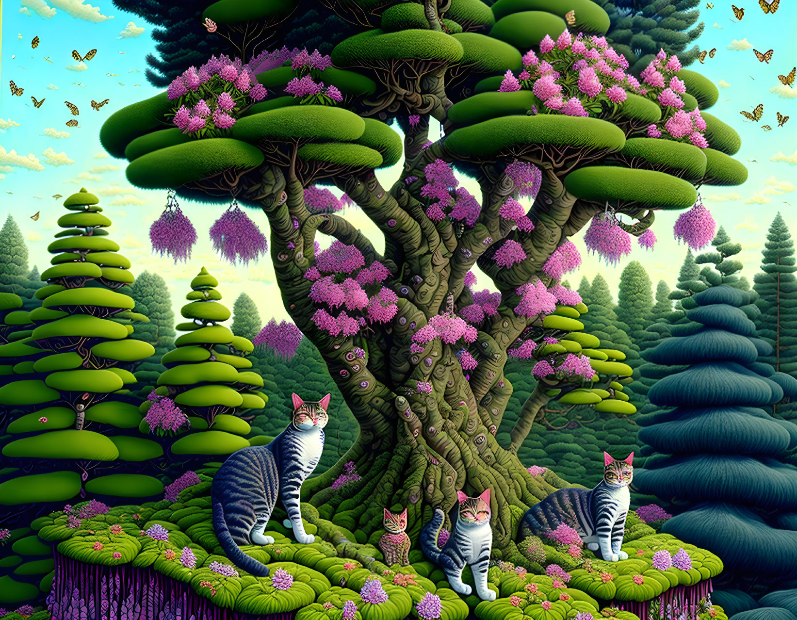 Vibrant green and purple surreal landscape with whimsical trees and winged cats