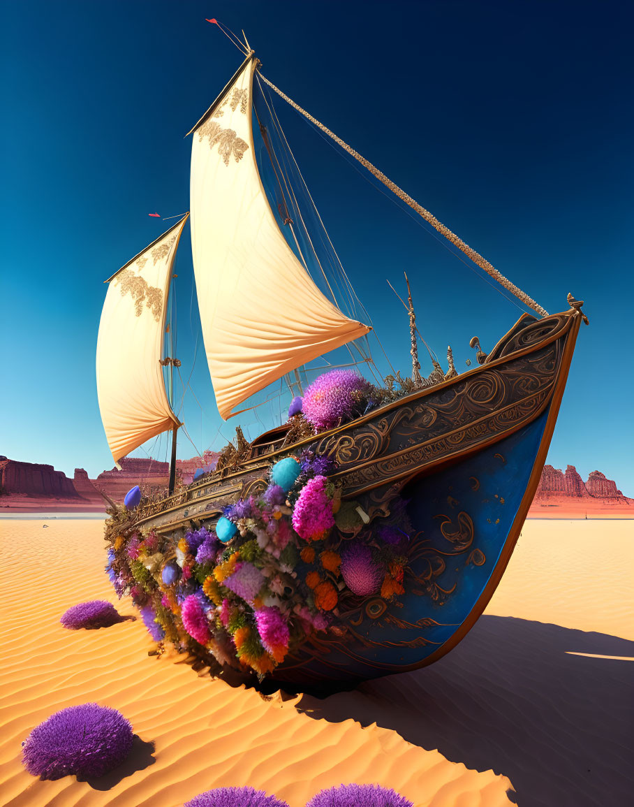 Colorful coral-covered sailing ship stranded on desert sands