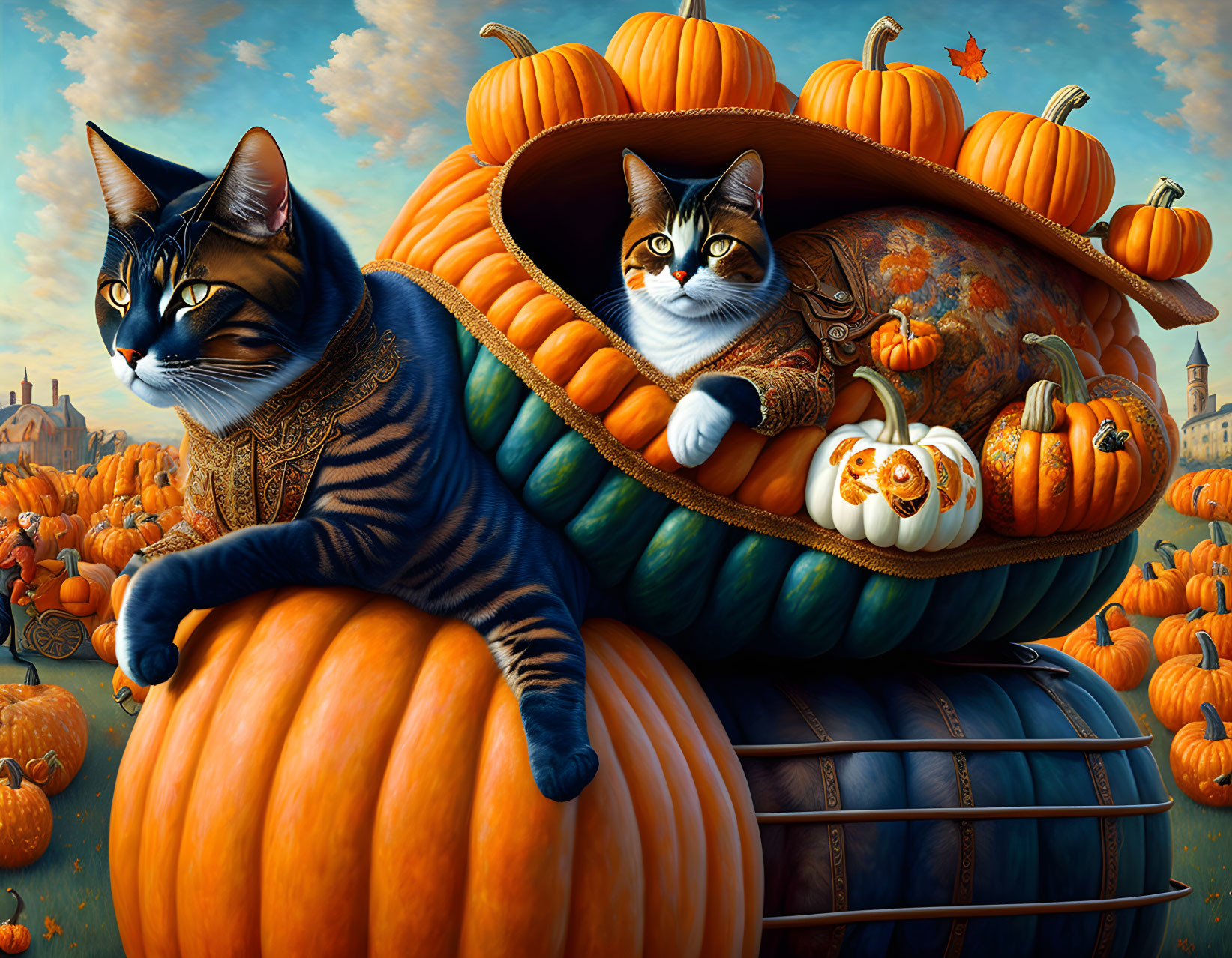 Two Cats in Pumpkin Carriage with Pumpkin Patch Background