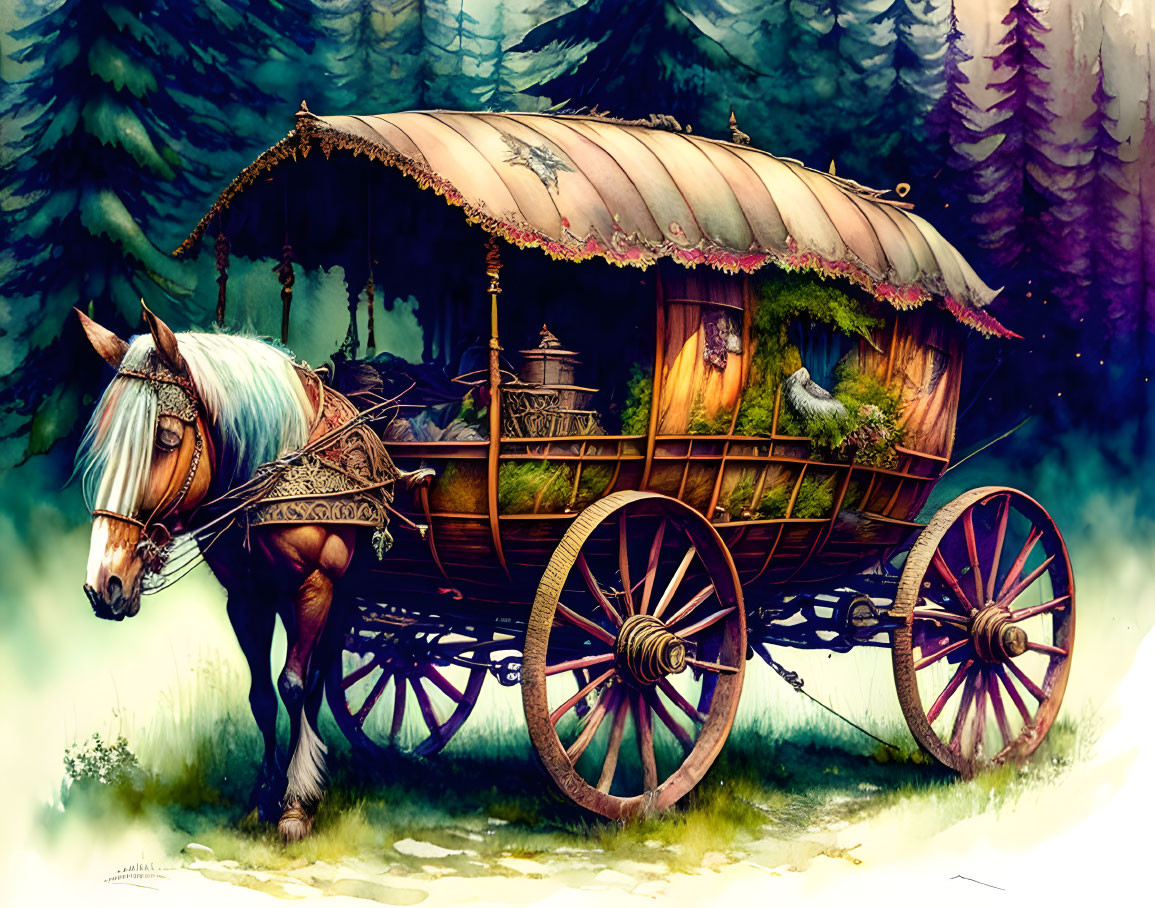 Ornate horse-drawn carriage in misty forest landscape