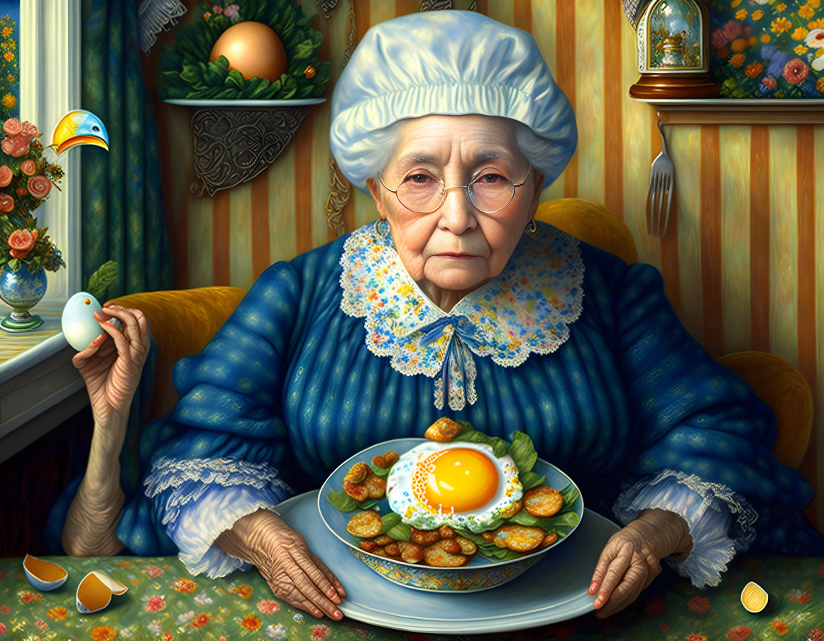 Elderly woman in blue dress and bonnet at table with eggs and oranges in colorful kitchen.