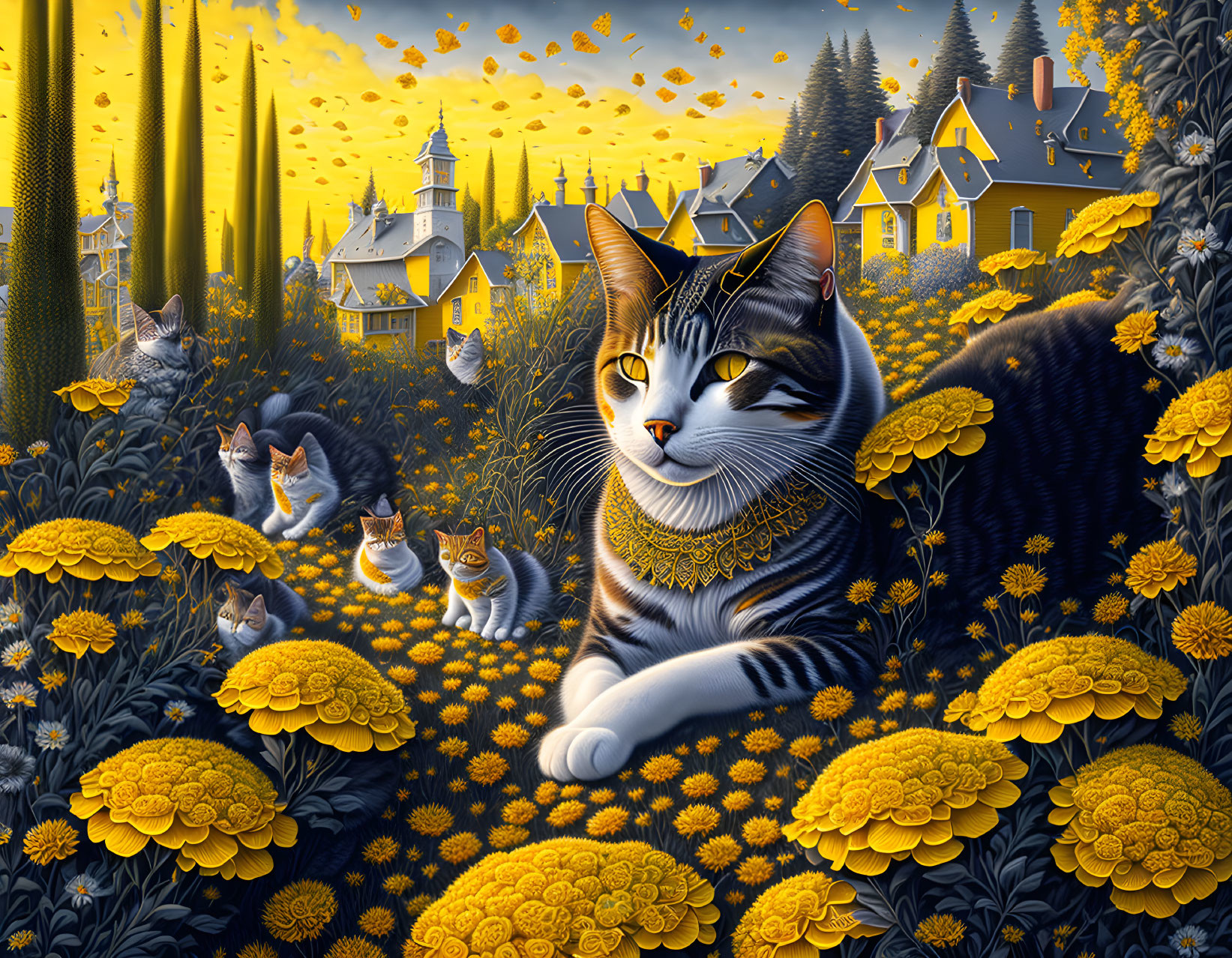 Whimsical painting of giant cats in marigold fields