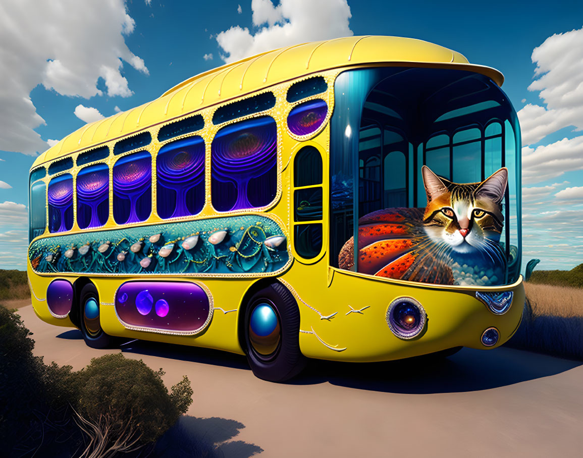 Yellow double-decker bus with oversized cat inside against blue sky