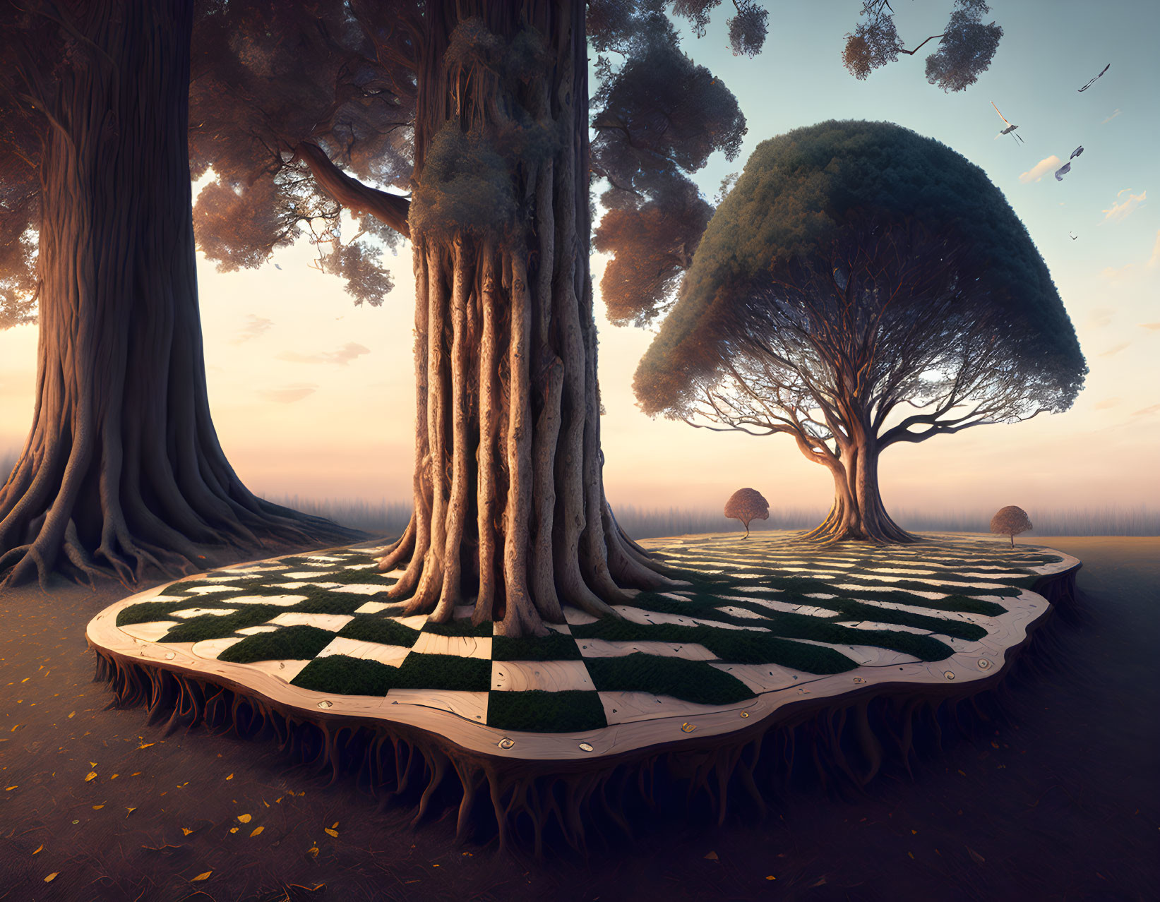 Scenic landscape with chessboard ground, towering trees, and sunset sky