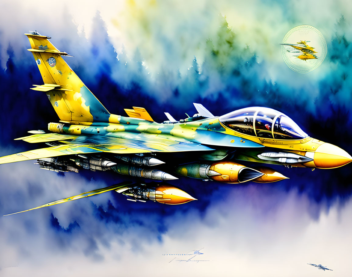 Yellow and Blue Fighter Jet Flying with Dynamic Clouds