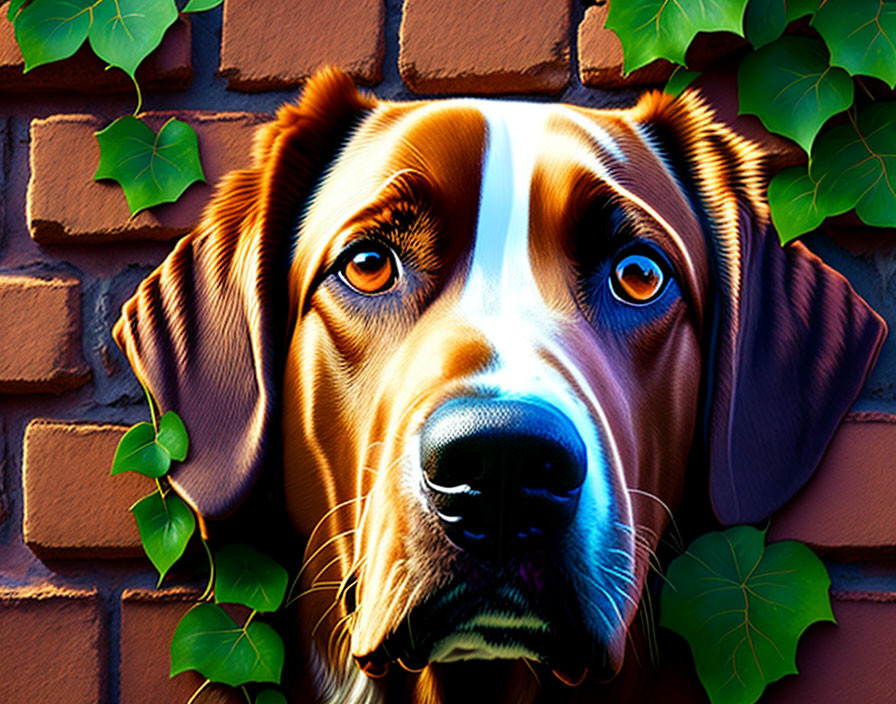 Colorful Dog Illustration Against Ivy-Covered Brick Wall