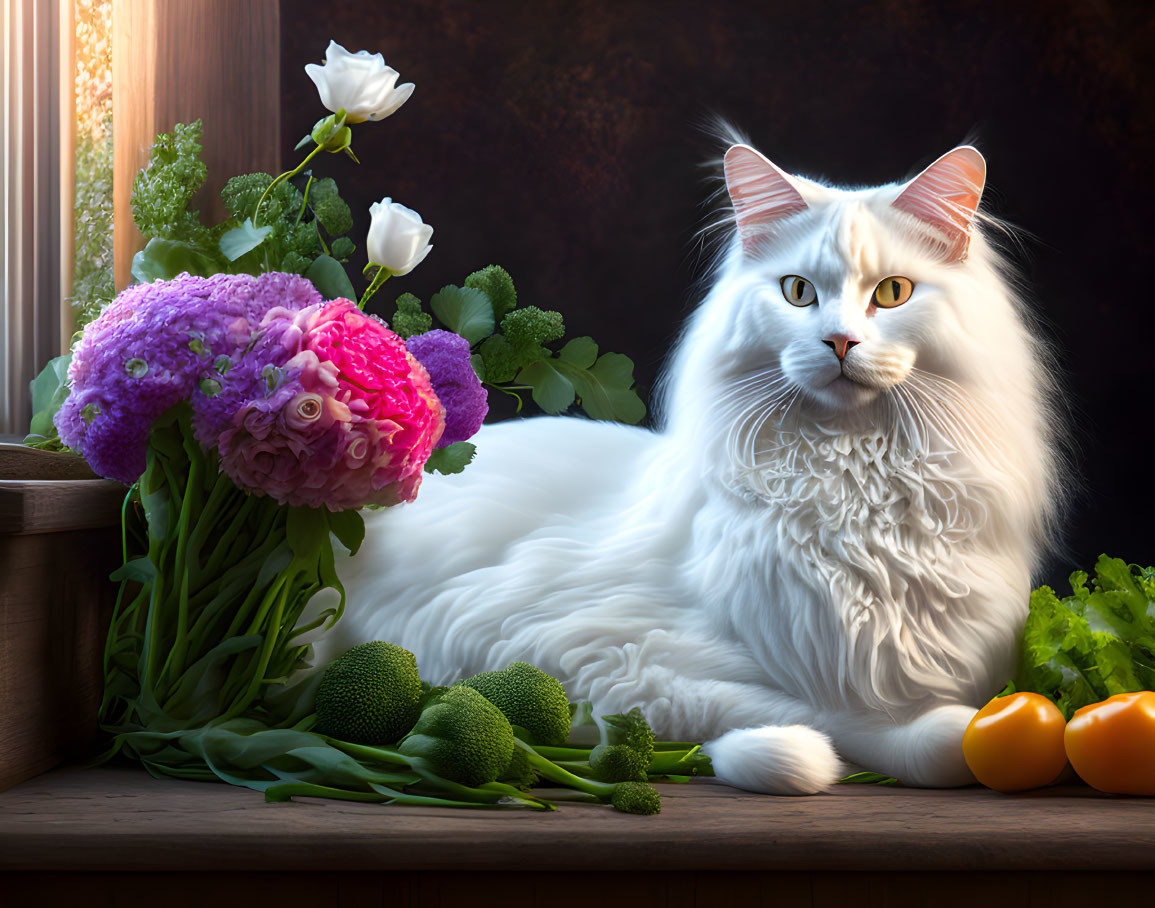 White Cat Relaxing by Sunlit Window with Flowers, Broccoli, and Oranges