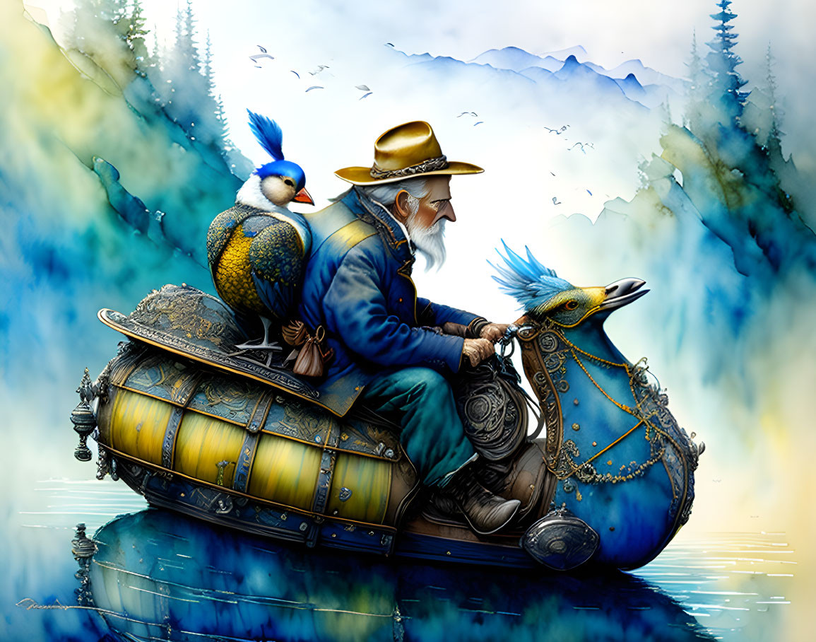 Elderly man pilots steampunk bird submarine with colorful bird on serene water.