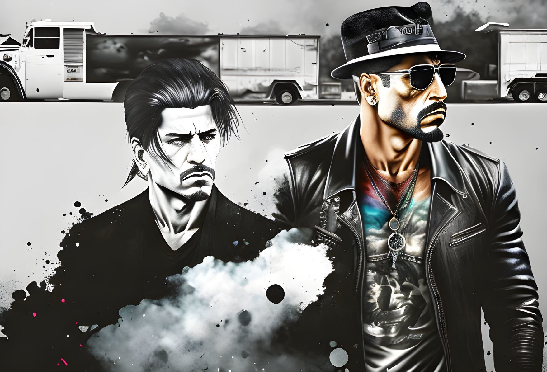 Stylized male characters in monochrome and color contrast against urban backdrop