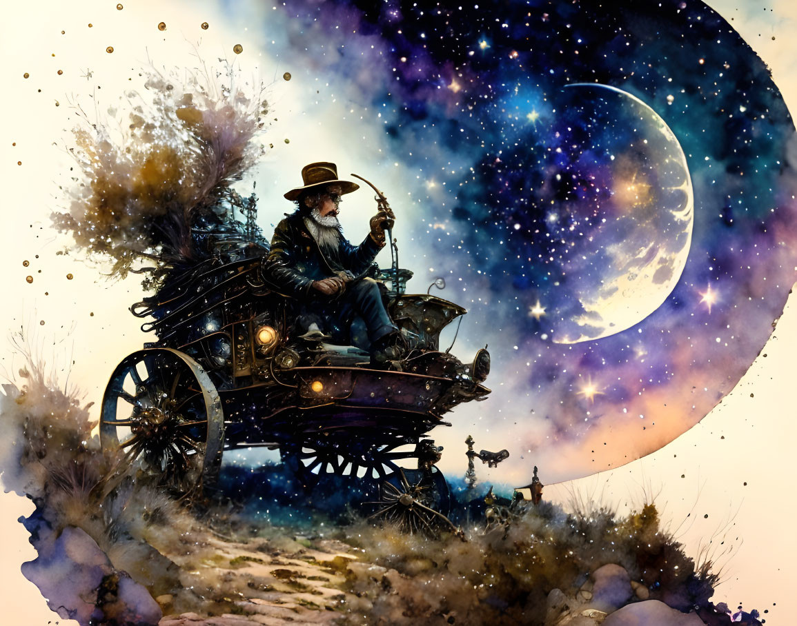 Elderly man driving glowing wagon in celestial landscape