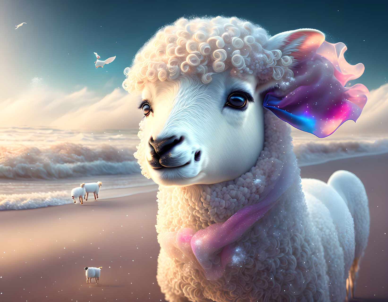 Colorful digital illustration: Fluffy sheep with nebula ear on beach