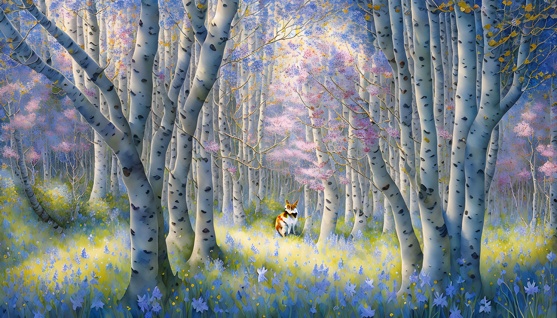 Tranquil forest scene with birch trees, flowers, fox in purple and pink hues